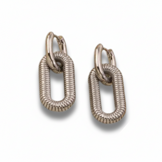 Pair of gold hoop earrings with textured design on a white background