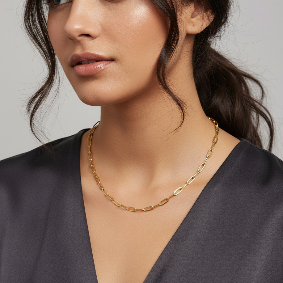 Woman wearing a gold chain necklace against a neutral background