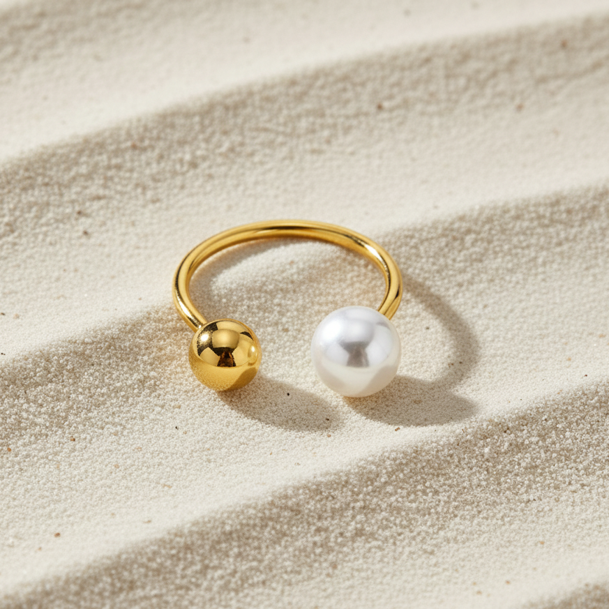 Gold ring with a pearl on a sandy background